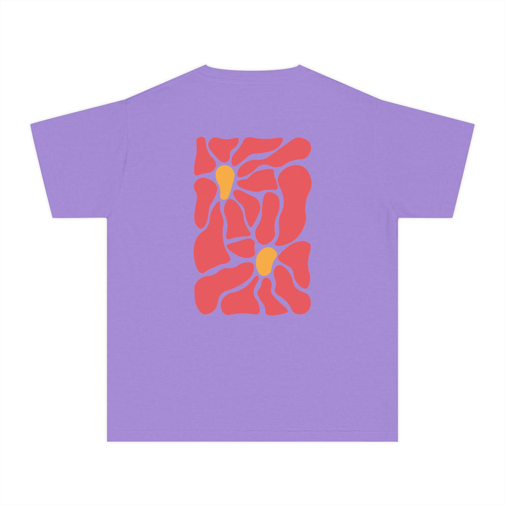 Youth Tee — Retro Floral Graphic Kids' T-Shirt, Blue & Red Flower Design