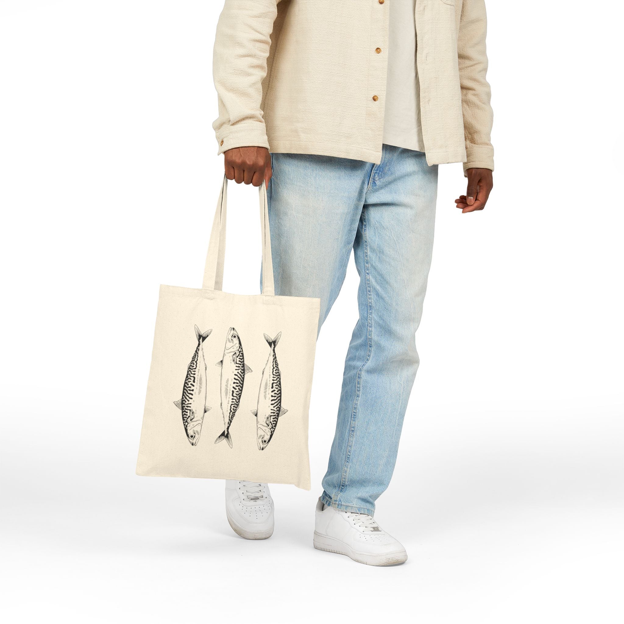 Canvas Tote Bag — Vintage Three Fish Illustration Reusable Market Tote