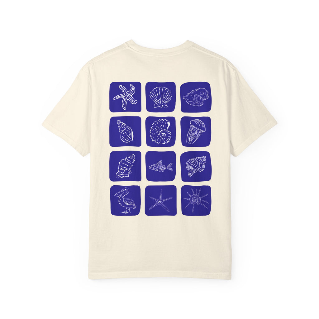 Seaside Shells T-Shirt — Blue Seashell Grid Graphic