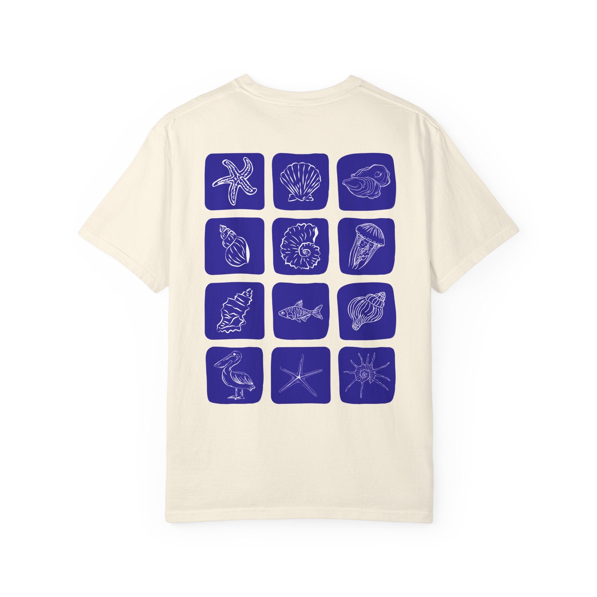 Seaside Shells T-Shirt — Blue Seashell Grid Graphic