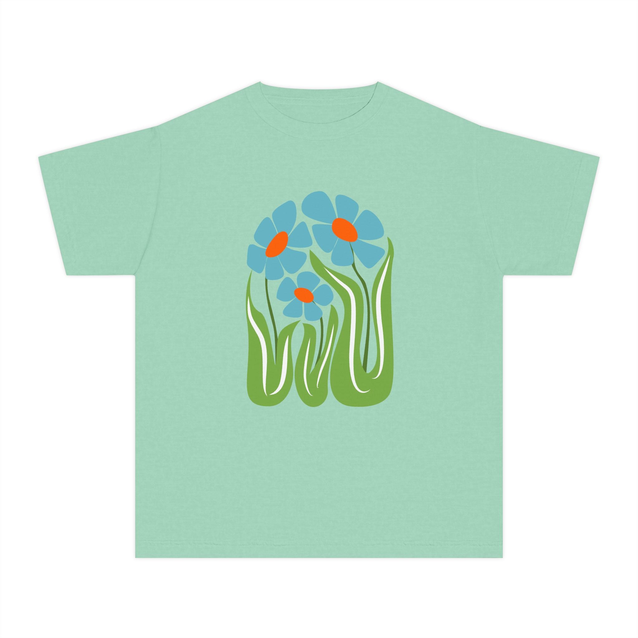 Youth Tee — Retro Floral Graphic Kids' T-Shirt, Blue & Red Flower Design