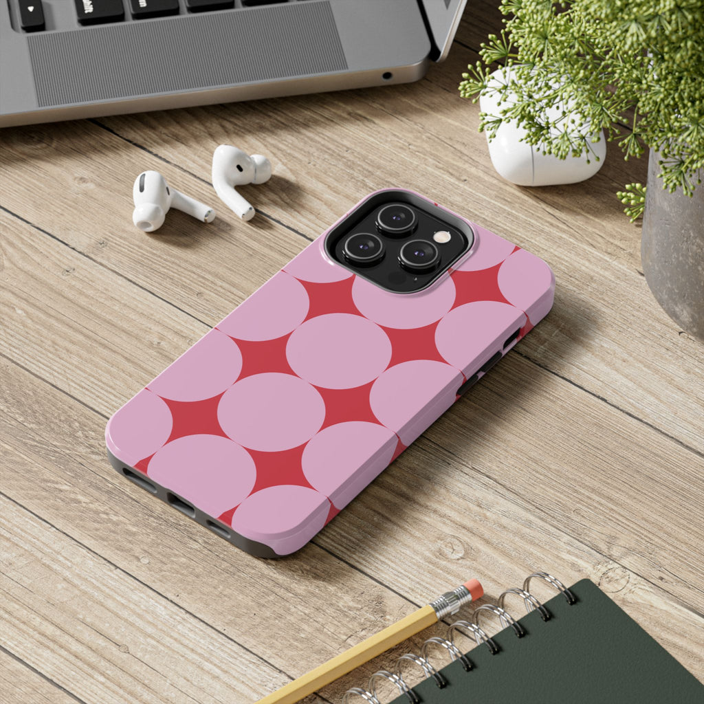 Pink Retro Geometric Tough Phone Case — Red Starburst Circles Design