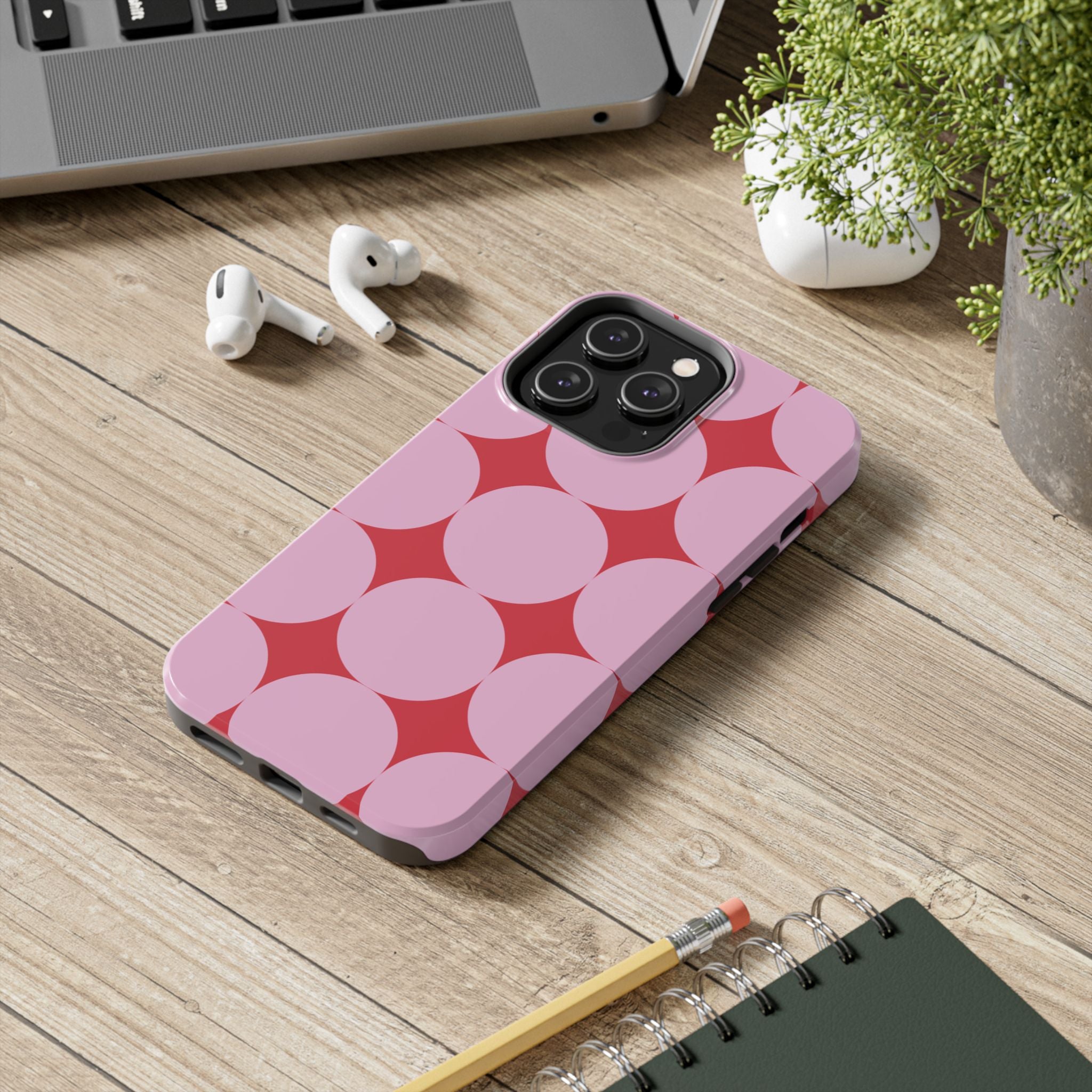Pink Retro Geometric Tough Phone Case — Red Starburst Circles Design