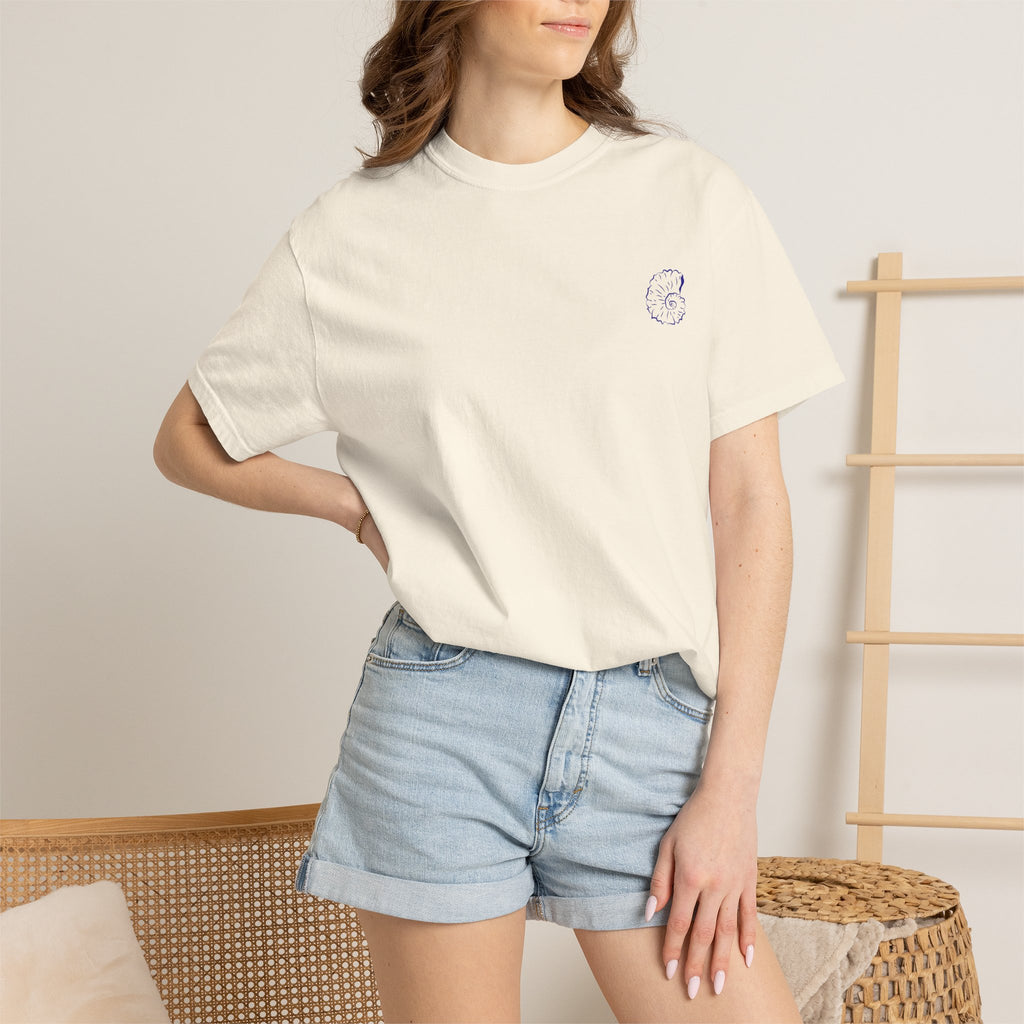 Seaside Shells T-Shirt — Blue Seashell Grid Graphic