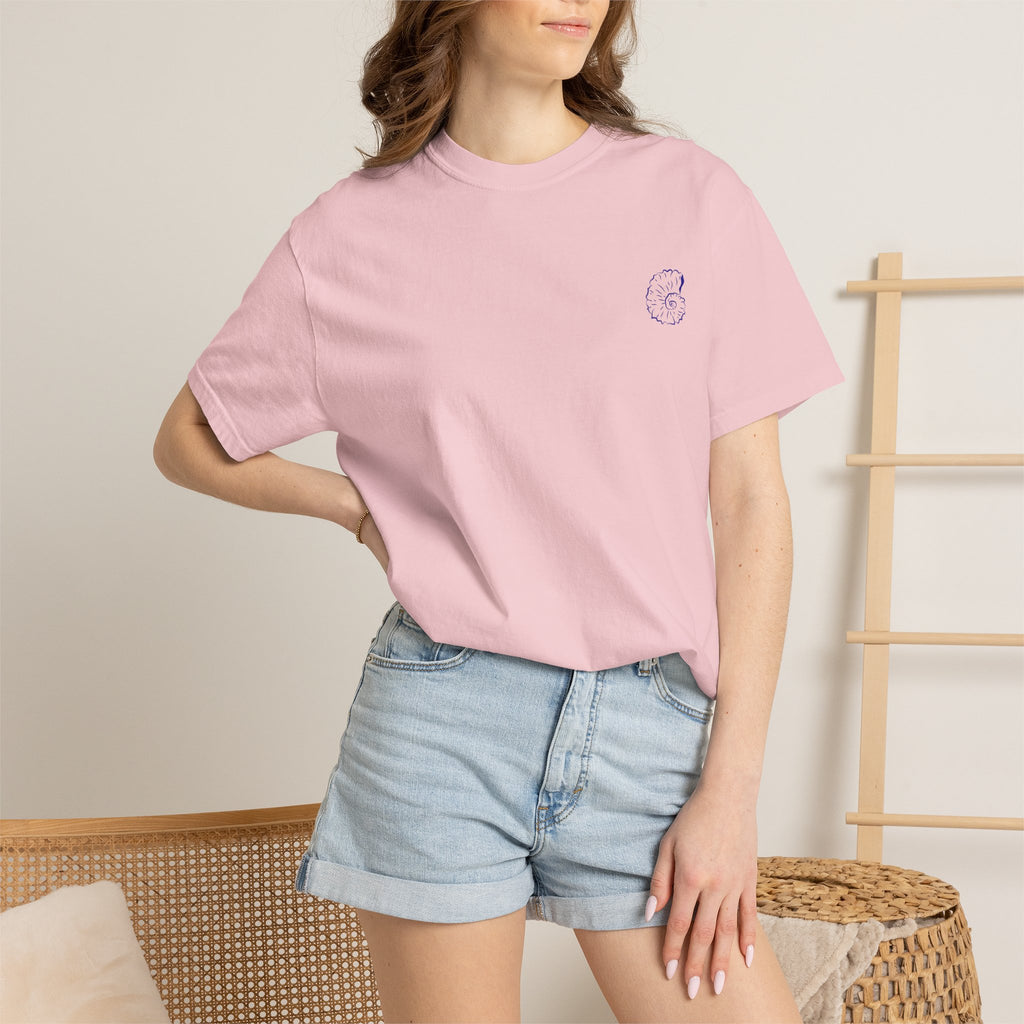 Seaside Shells T-Shirt — Blue Seashell Grid Graphic
