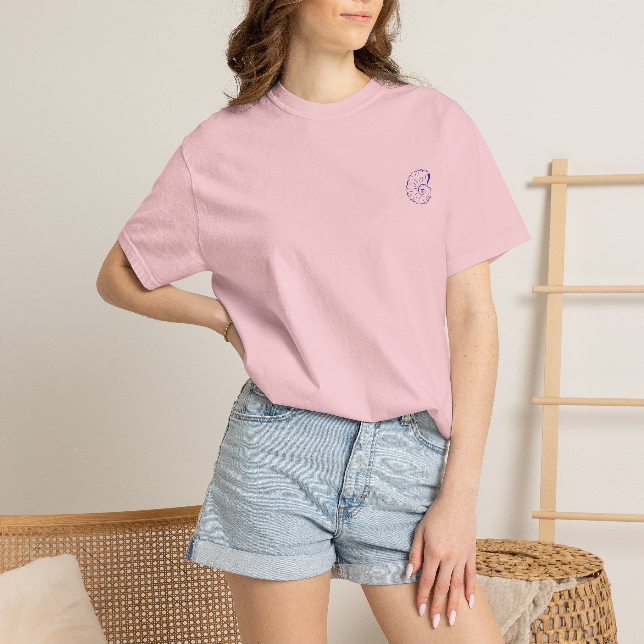 Seaside Shells T-Shirt — Blue Seashell Grid Graphic