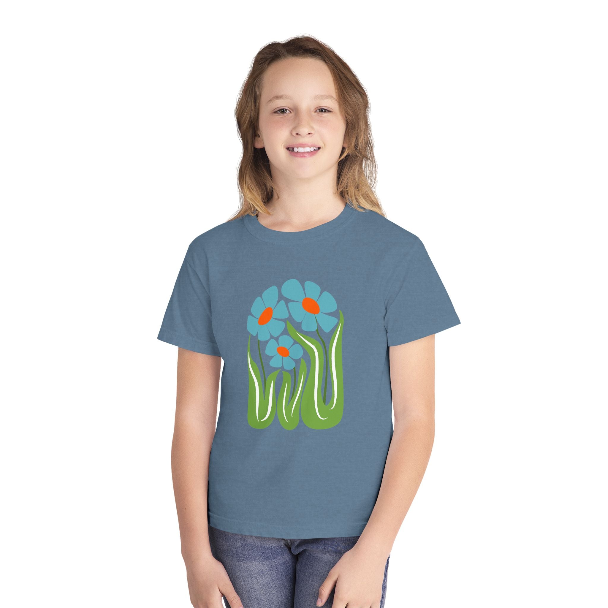Youth Tee — Retro Floral Graphic Kids' T-Shirt, Blue & Red Flower Design