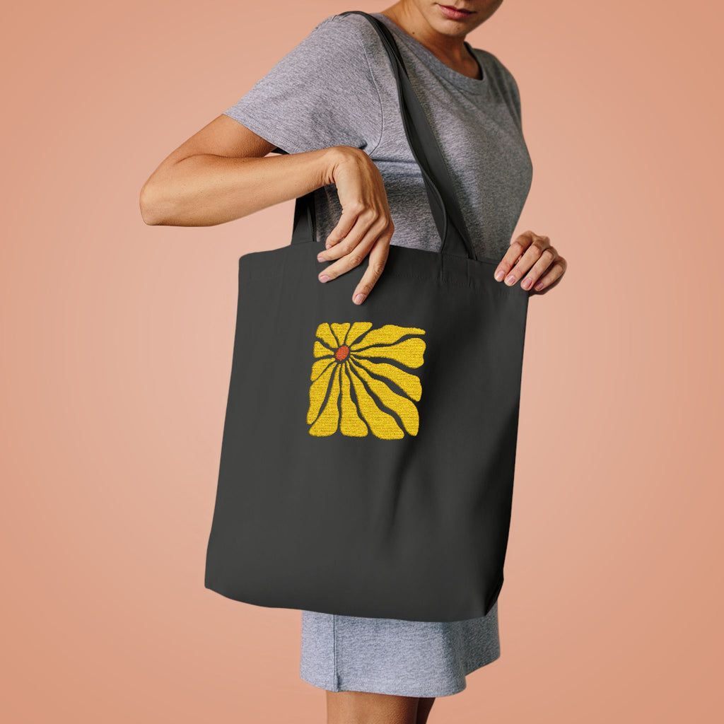 Yellow Daisy Square Tote — Cotton Tote Bag with Floral Puff Design