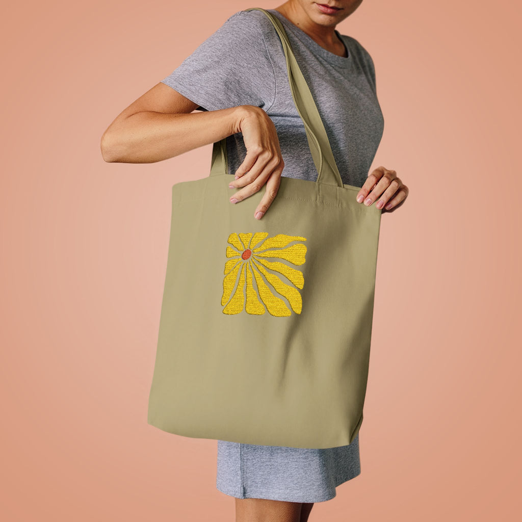 Yellow Daisy Square Tote — Cotton Tote Bag with Floral Puff Design