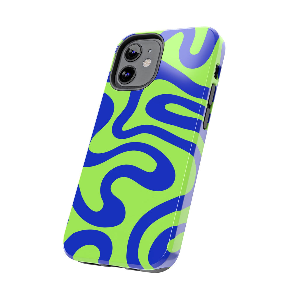 Abstract Wave Tough Phone Case — Neon Green & Blue Protective Cover