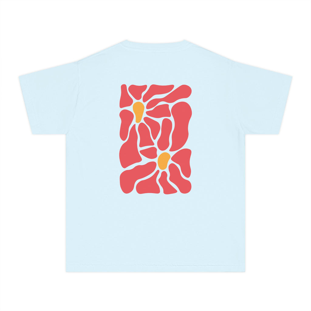 Youth Tee — Retro Floral Graphic Kids' T-Shirt, Blue & Red Flower Design