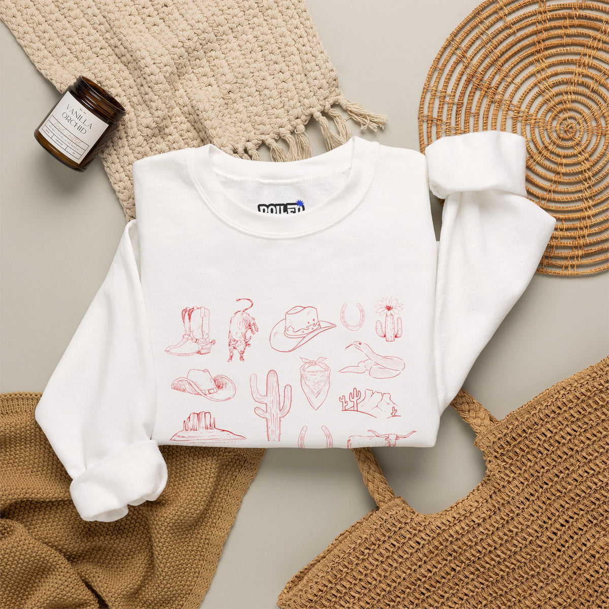 White Crewneck Sweatshirt with Pink Doodles — Minimal Animal Sketch Design