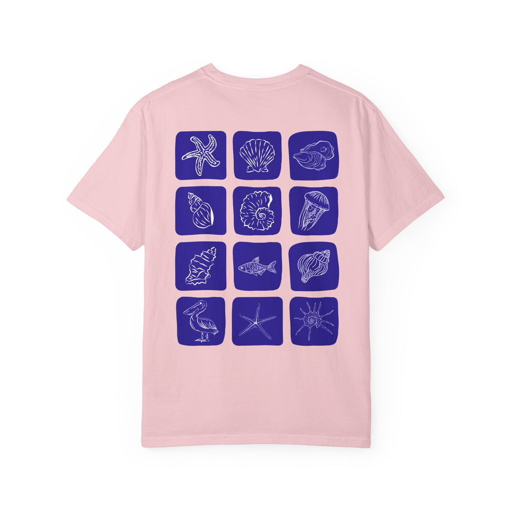 Seaside Shells T-Shirt — Blue Seashell Grid Graphic