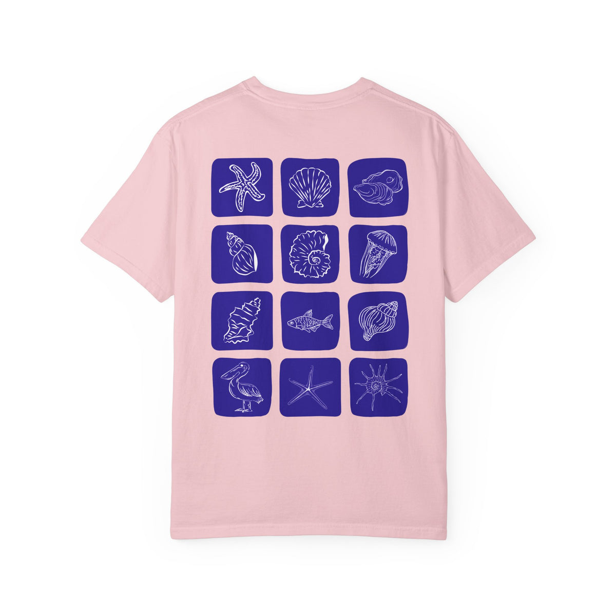 Seaside Shells T-Shirt — Blue Seashell Grid Graphic