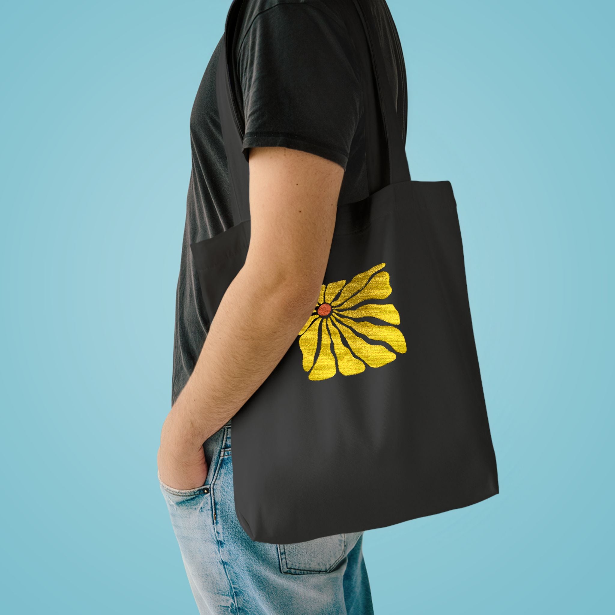Yellow Daisy Square Tote — Cotton Tote Bag with Floral Puff Design