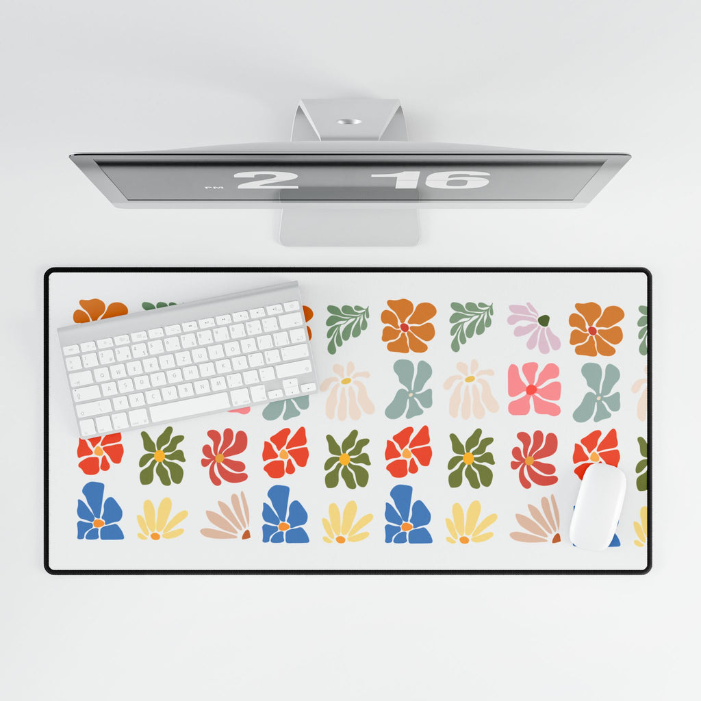 Floral Rows Desk Mat — Colorful Retro Flower Pattern Mouse Pad