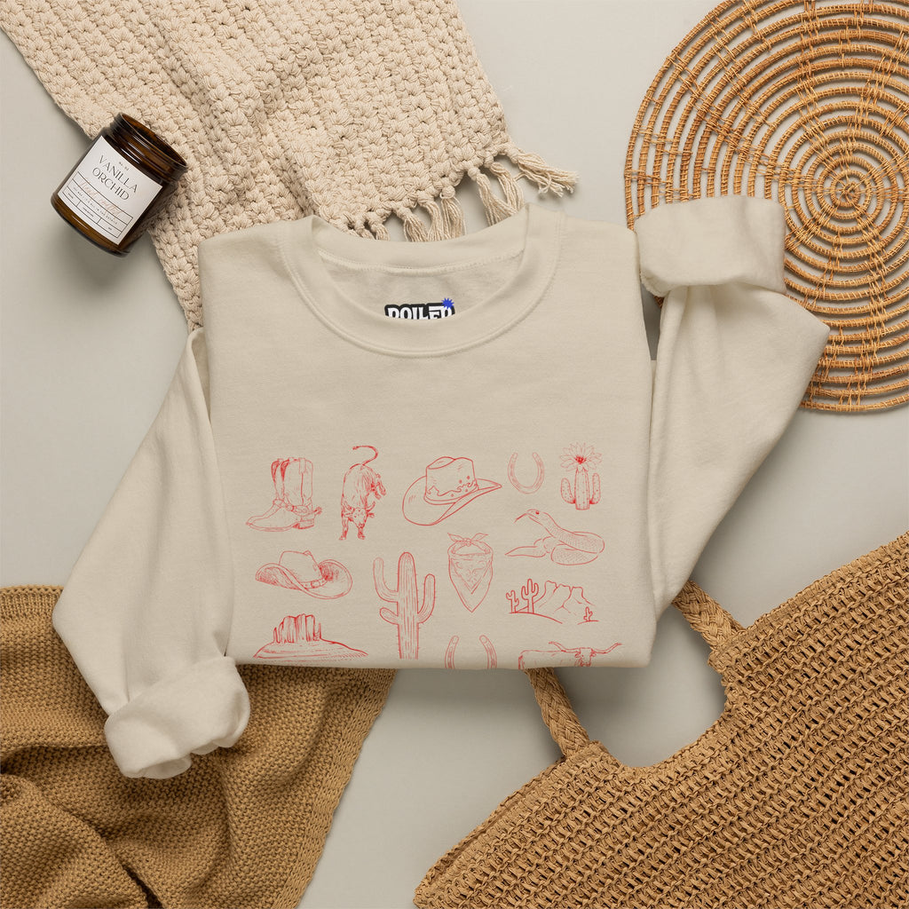 White Crewneck Sweatshirt with Pink Doodles — Minimal Animal Sketch Design