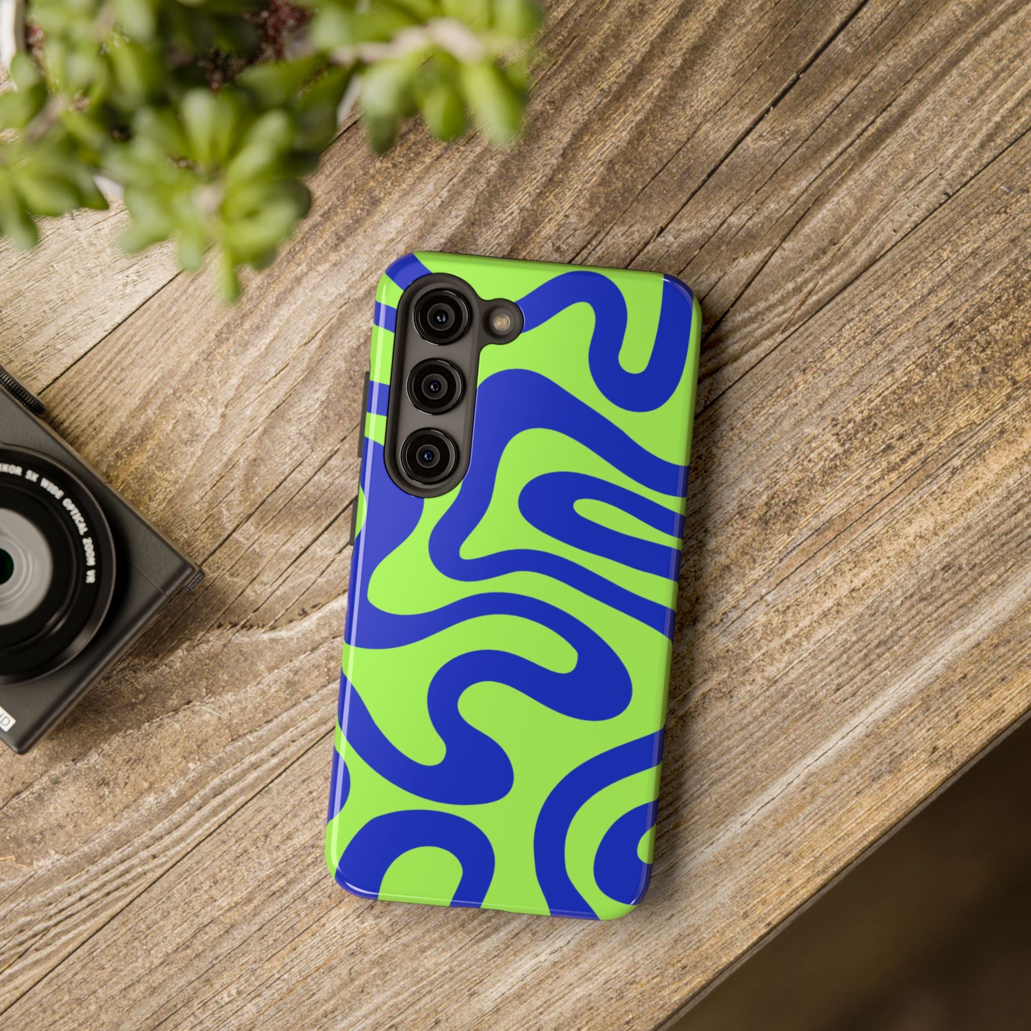 Abstract Wave Tough Phone Case — Neon Green & Blue Protective Cover