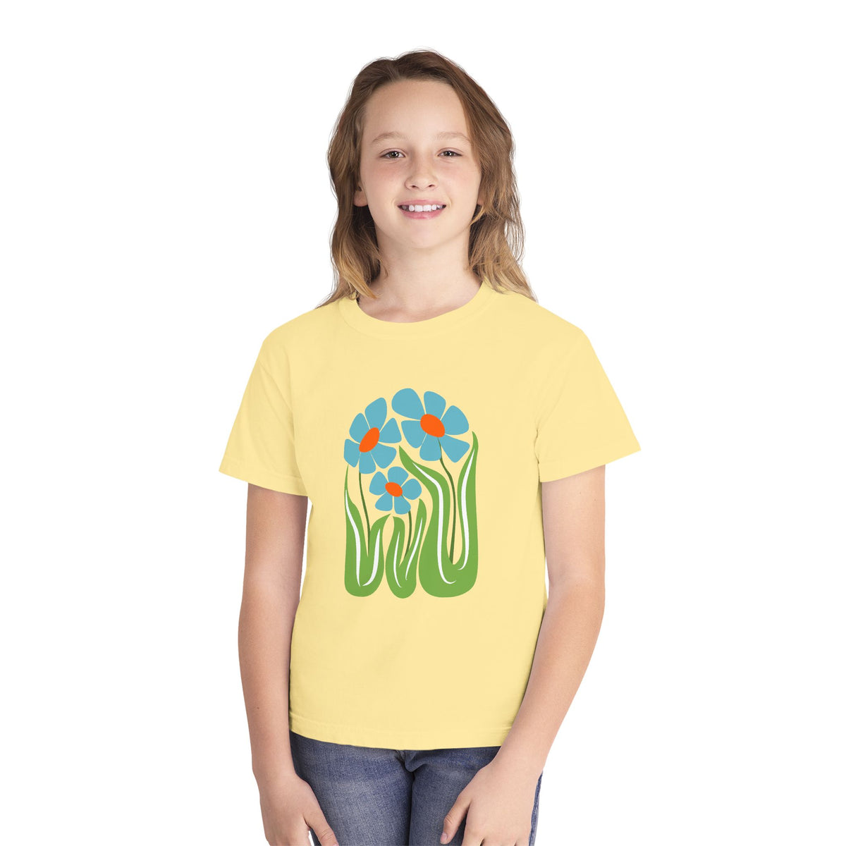 Youth Tee — Retro Floral Graphic Kids' T-Shirt, Blue & Red Flower Design