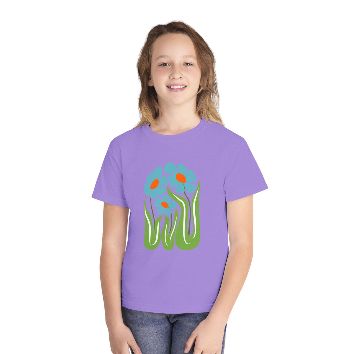 Youth Tee — Retro Floral Graphic Kids' T-Shirt, Blue & Red Flower Design