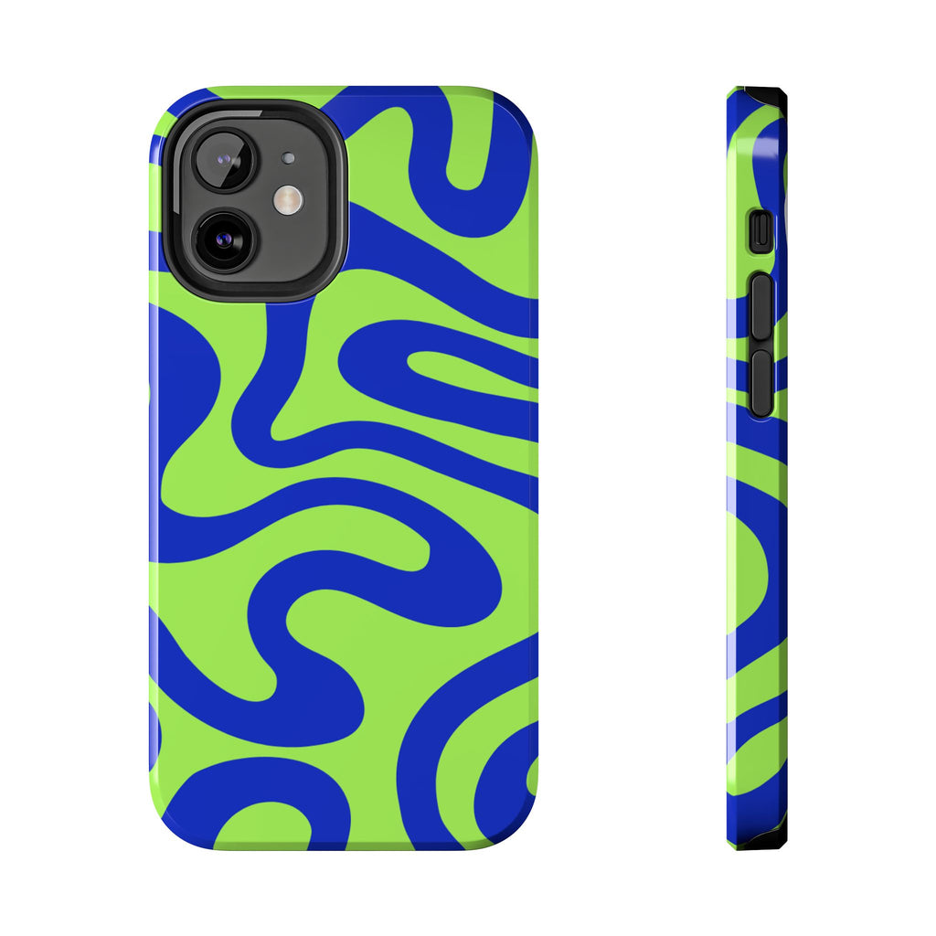 Abstract Wave Tough Phone Case — Neon Green & Blue Protective Cover