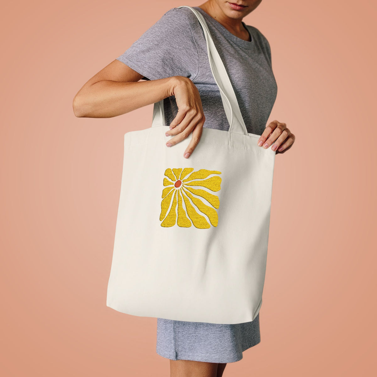 Yellow Daisy Square Tote — Cotton Tote Bag with Floral Puff Design