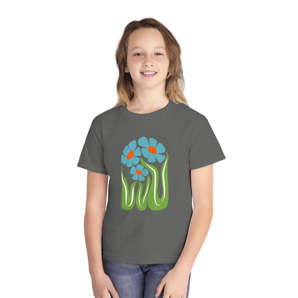 Youth Tee — Retro Floral Graphic Kids' T-Shirt, Blue & Red Flower Design