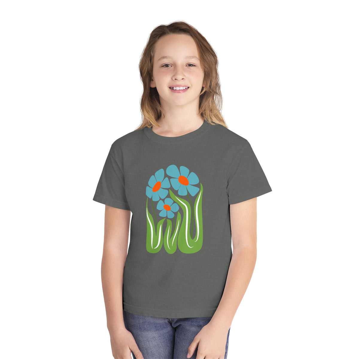 Youth Tee — Retro Floral Graphic Kids' T-Shirt, Blue & Red Flower Design