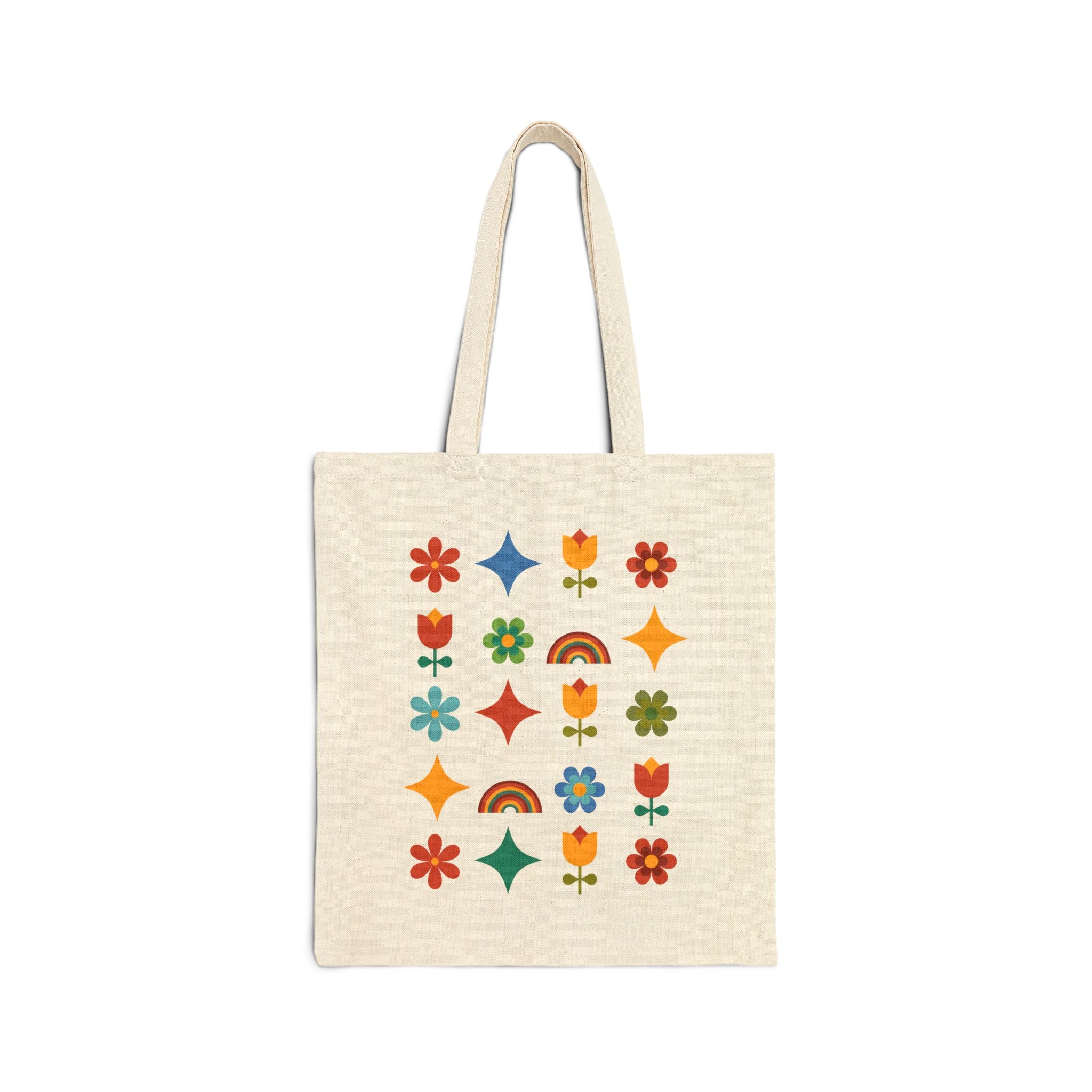 Retro Floral Rainbow Tote Bag — Vintage-Inspired Cotton Canvas Tote