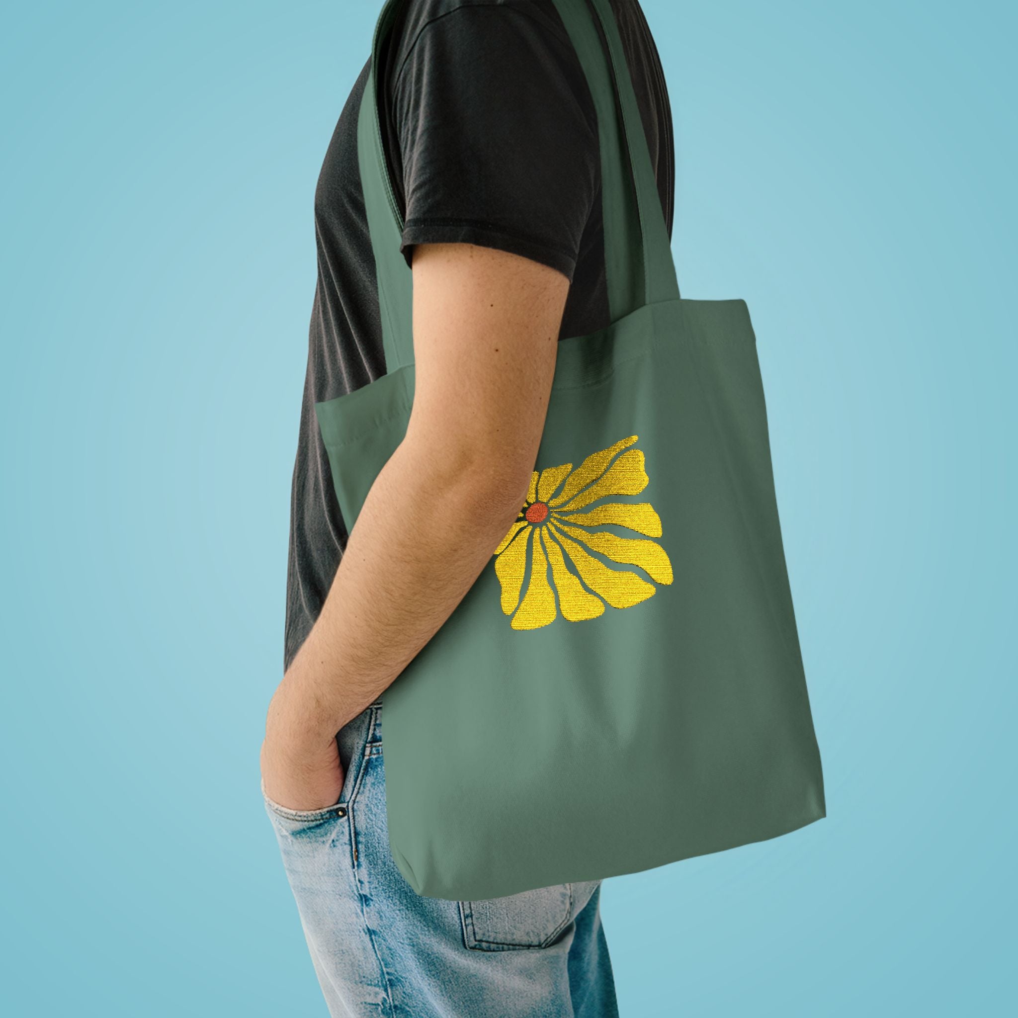 Yellow Daisy Square Tote — Cotton Tote Bag with Floral Puff Design