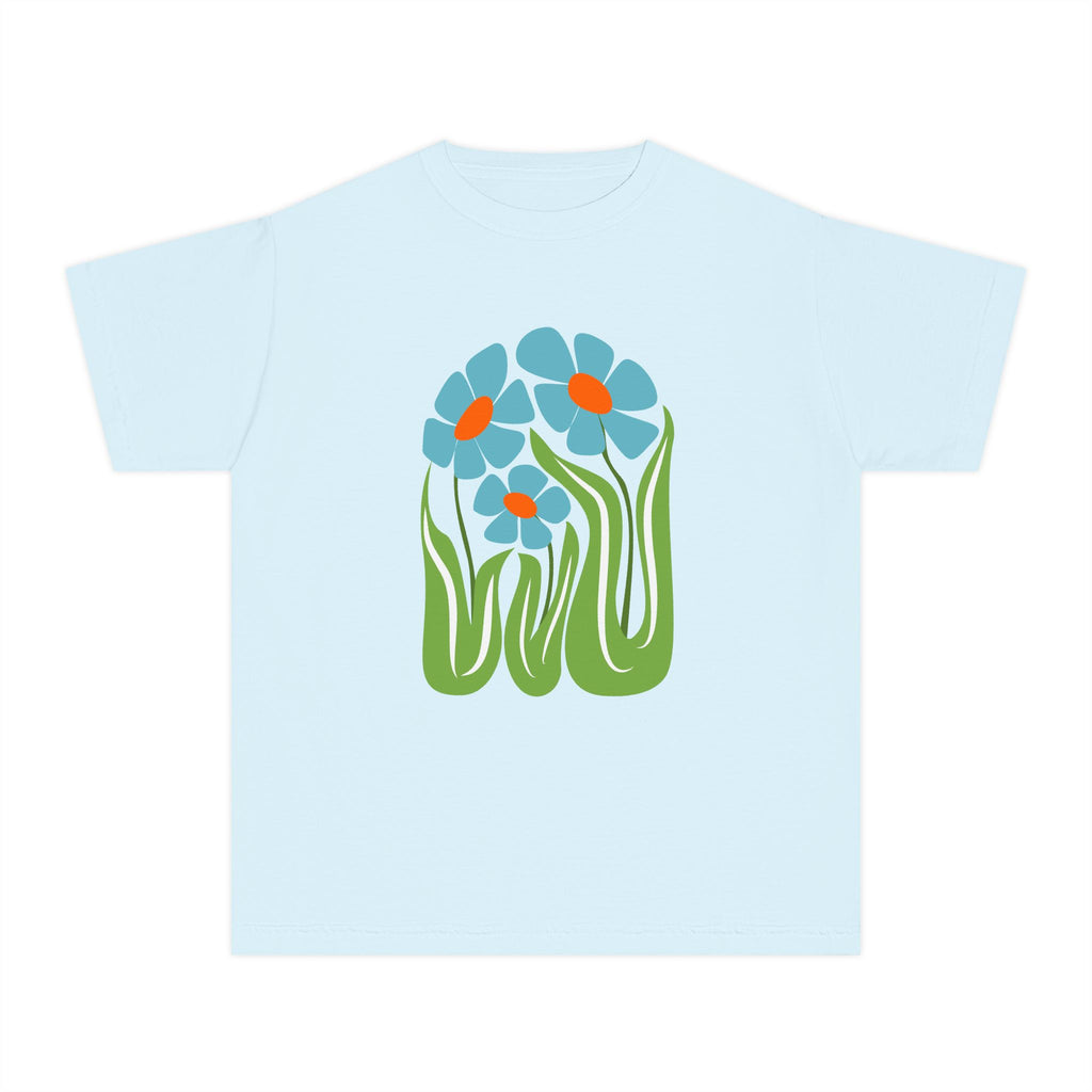 Youth Tee — Retro Floral Graphic Kids' T-Shirt, Blue & Red Flower Design