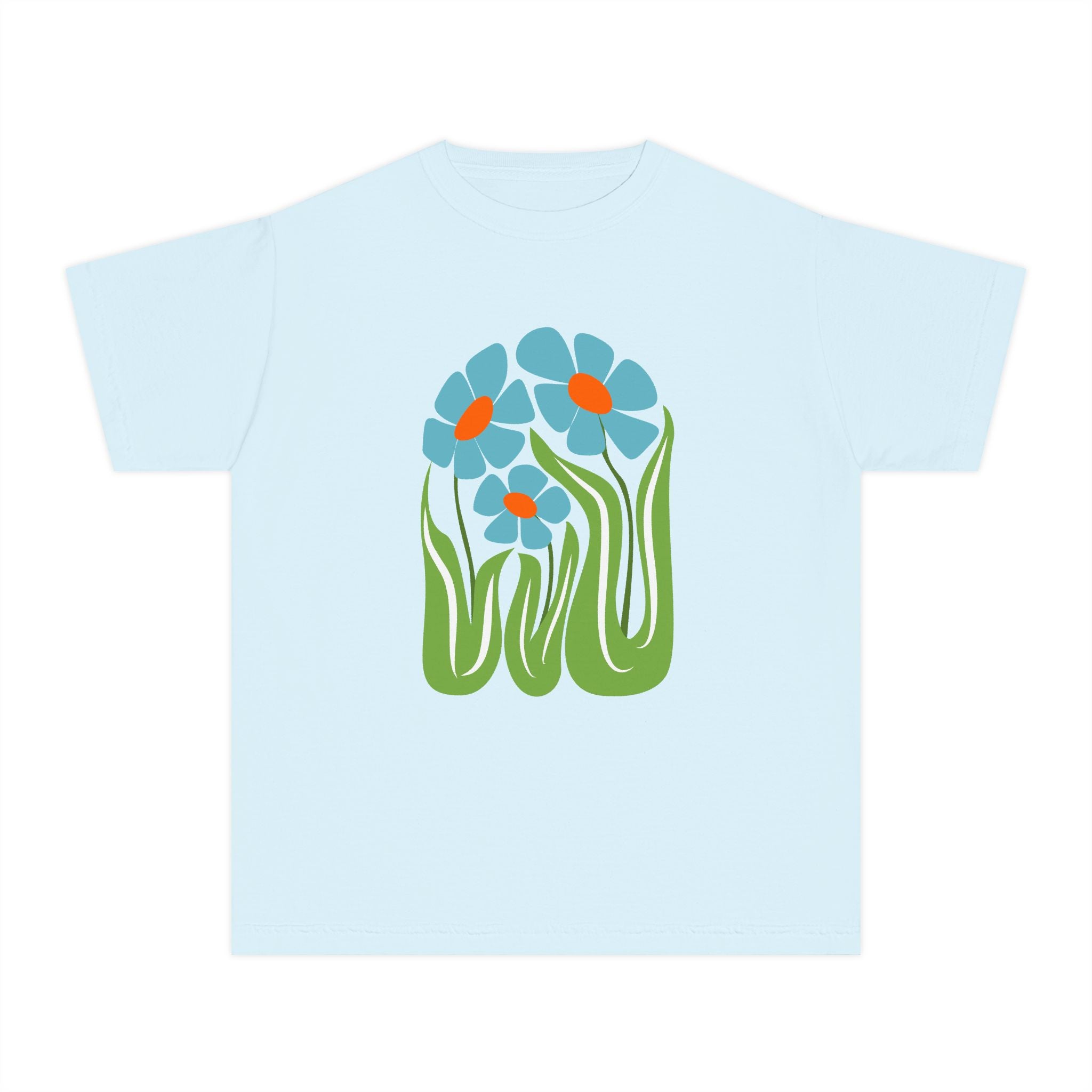 Youth Tee — Retro Floral Graphic Kids' T-Shirt, Blue & Red Flower Design