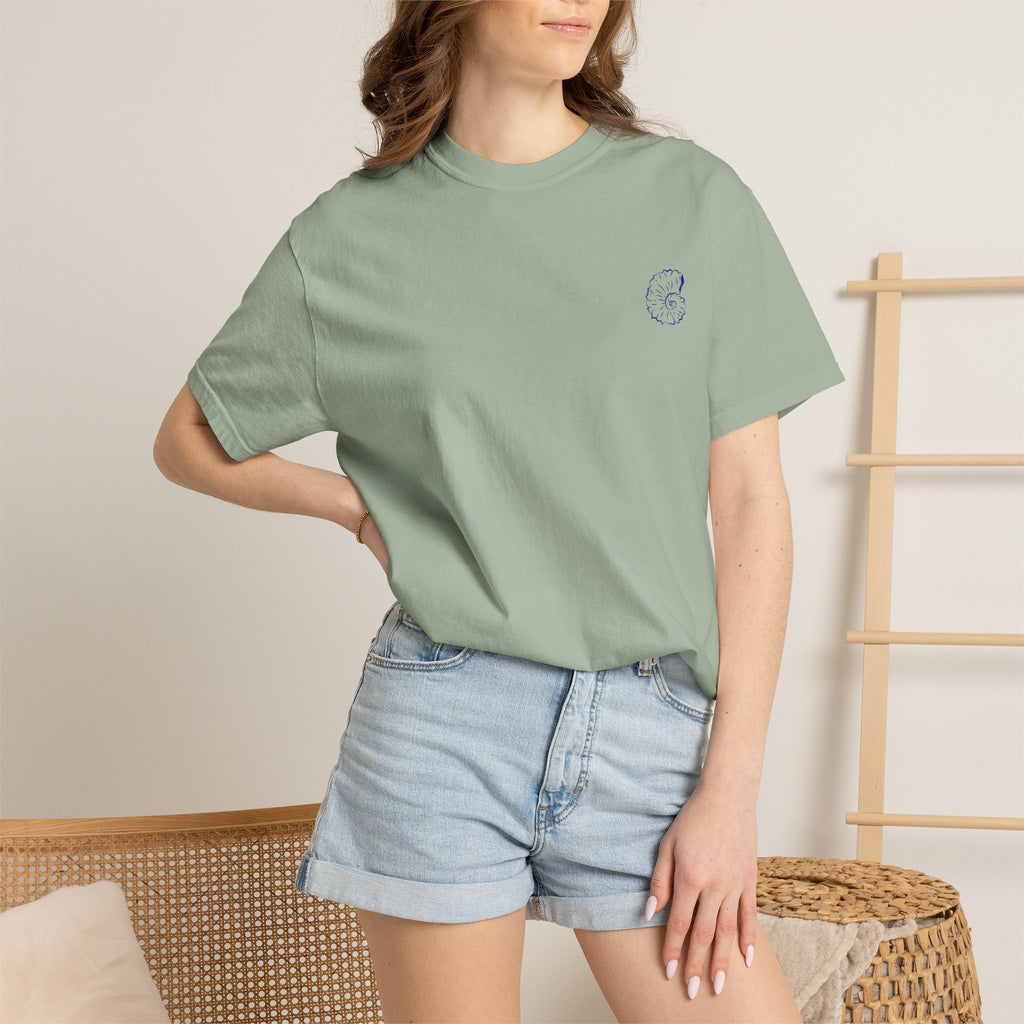 Seaside Shells T-Shirt — Blue Seashell Grid Graphic
