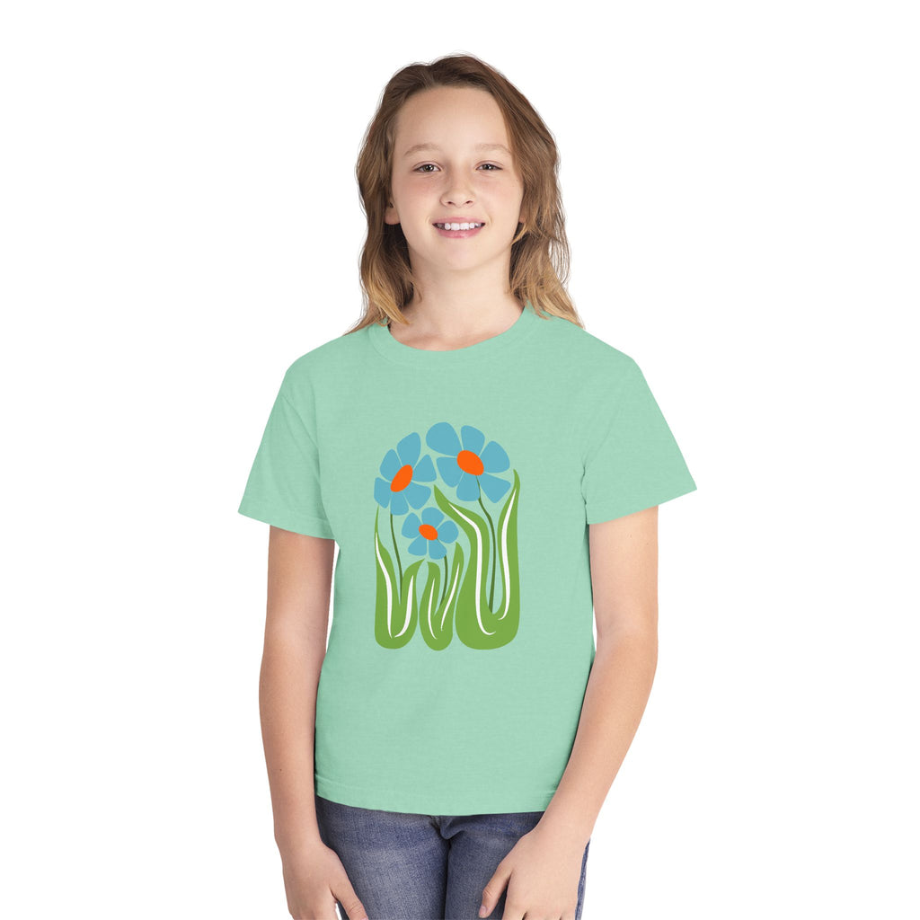Youth Tee — Retro Floral Graphic Kids' T-Shirt, Blue & Red Flower Design