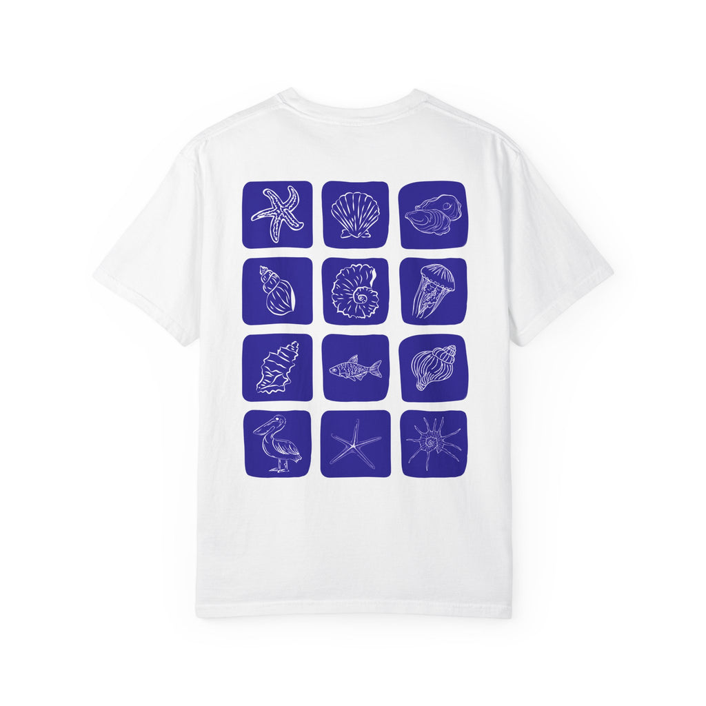 Seaside Shells T-Shirt — Blue Seashell Grid Graphic