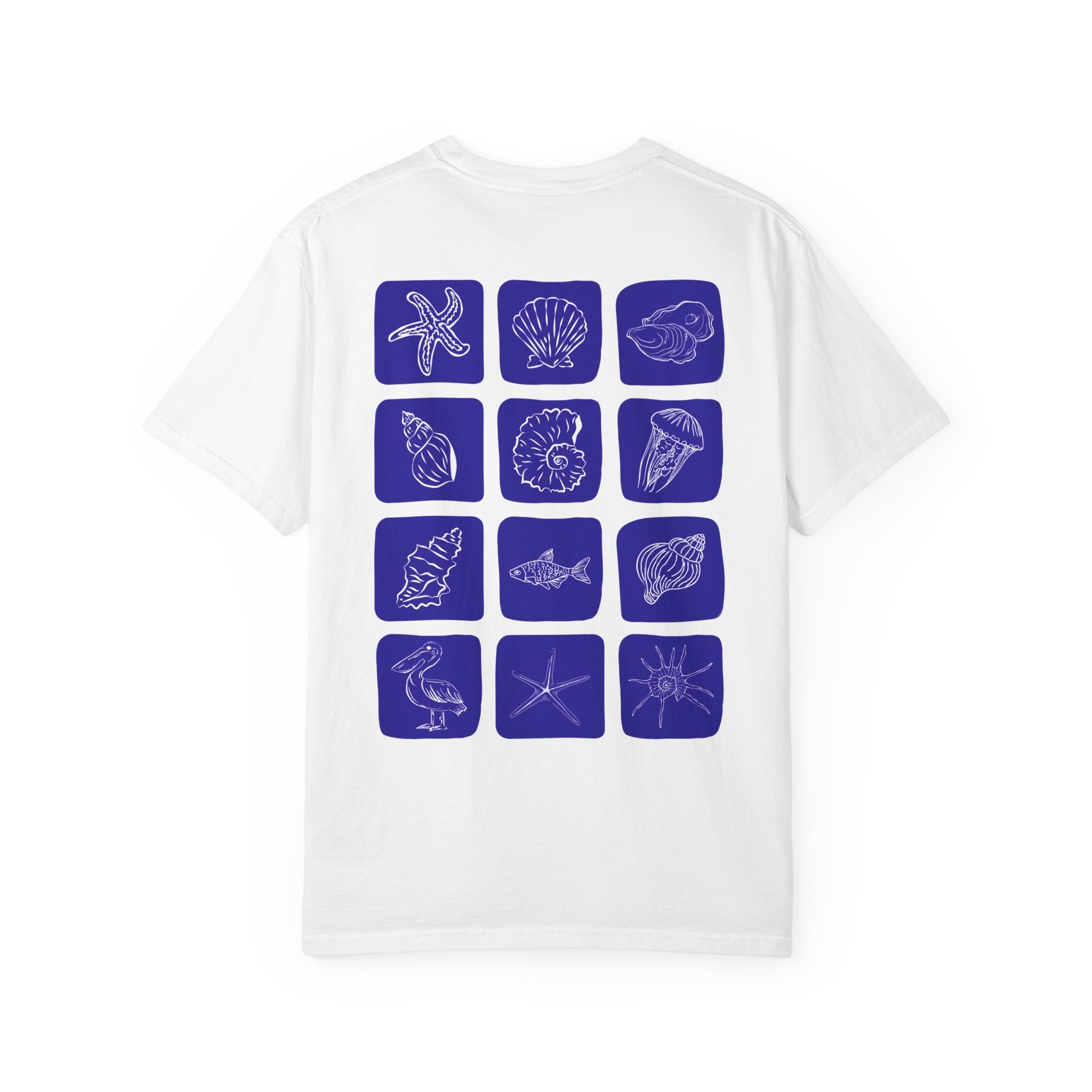Seaside Shells T-Shirt — Blue Seashell Grid Graphic