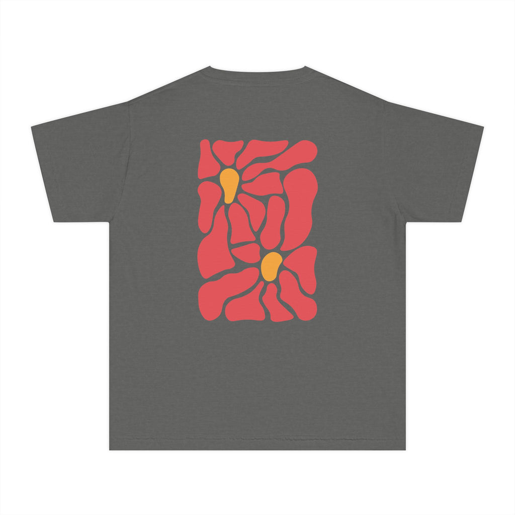 Youth Tee — Retro Floral Graphic Kids' T-Shirt, Blue & Red Flower Design
