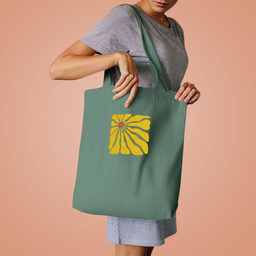Yellow Daisy Square Tote — Cotton Tote Bag with Floral Puff Design