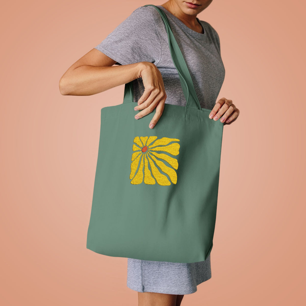 Yellow Daisy Square Tote — Cotton Tote Bag with Floral Puff Design