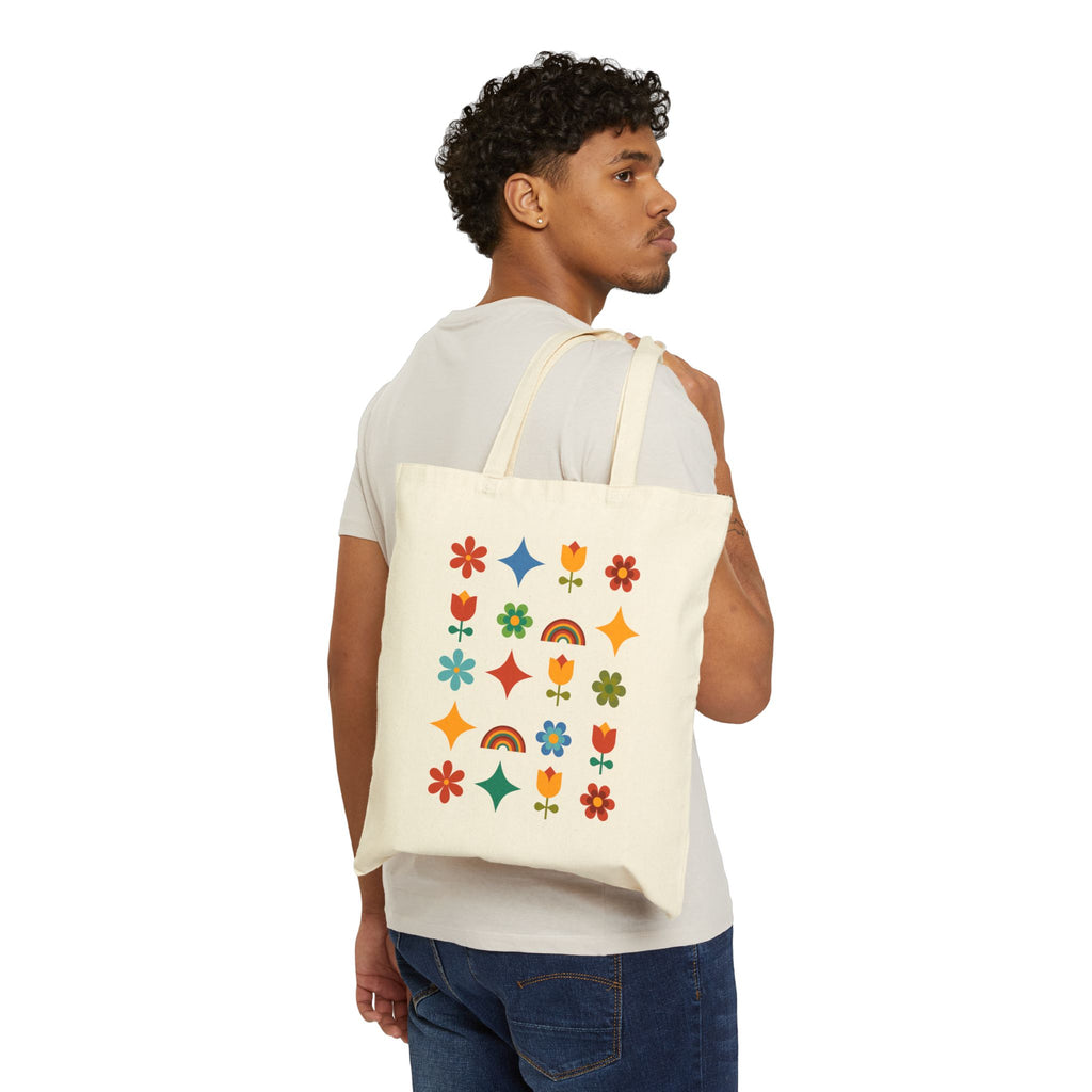 Retro Floral Rainbow Tote Bag — Vintage-Inspired Cotton Canvas Tote