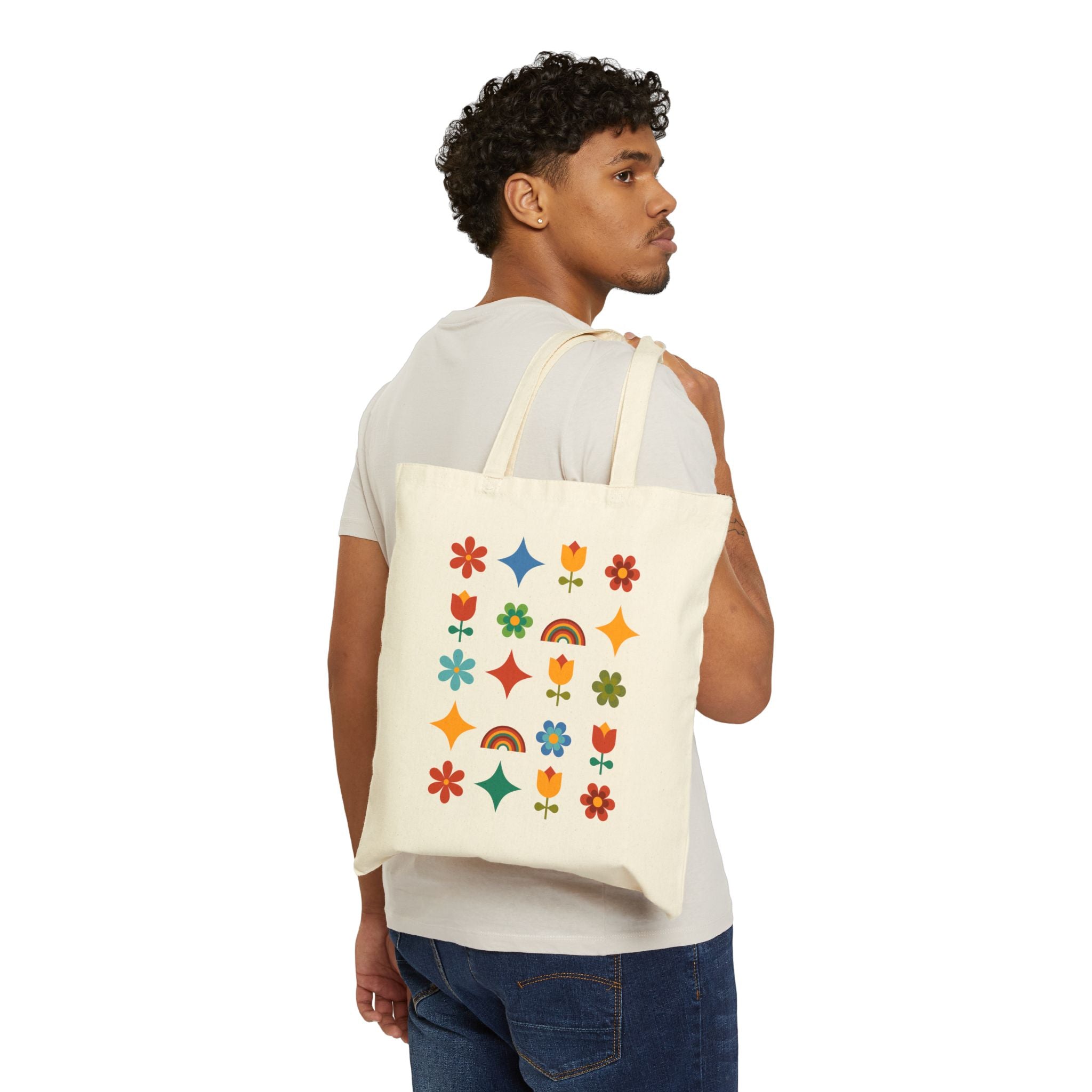 Retro Floral Rainbow Tote Bag — Vintage-Inspired Cotton Canvas Tote