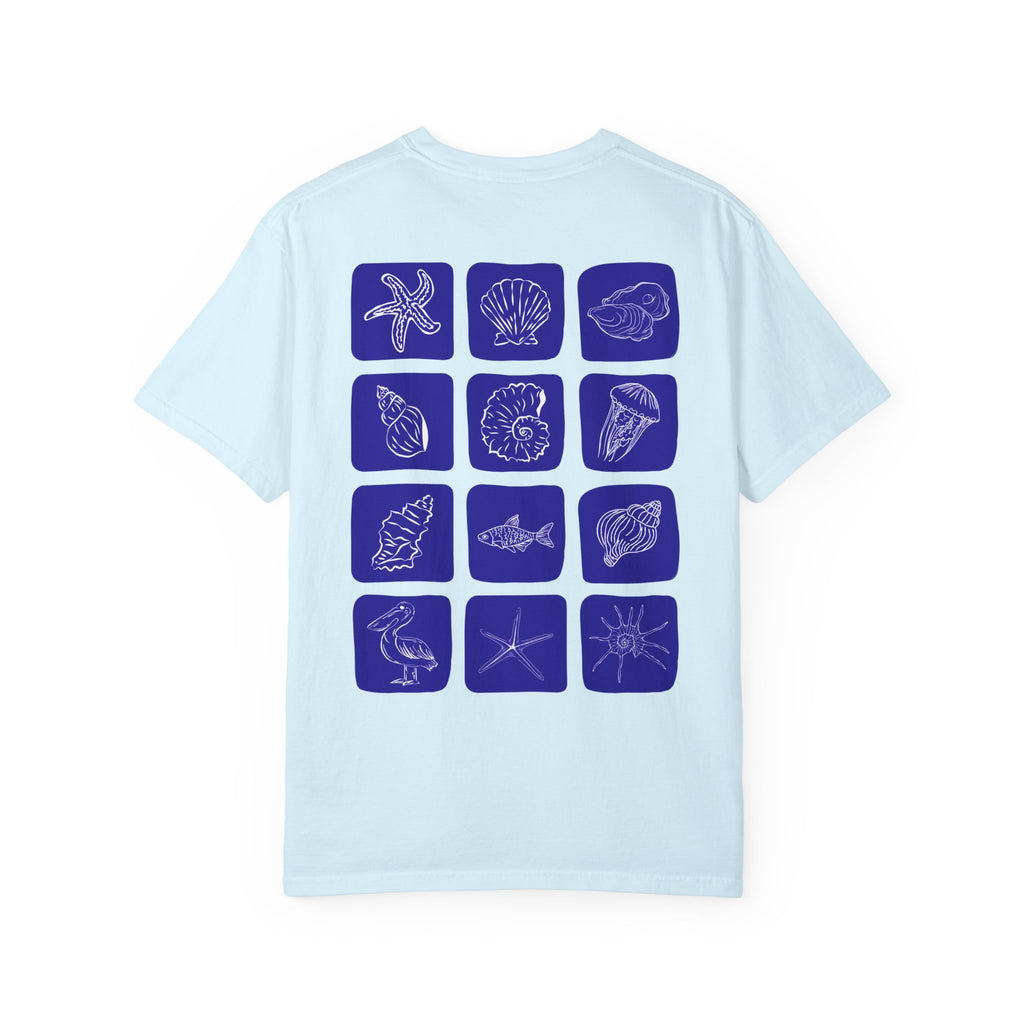 Seaside Shells T-Shirt — Blue Seashell Grid Graphic