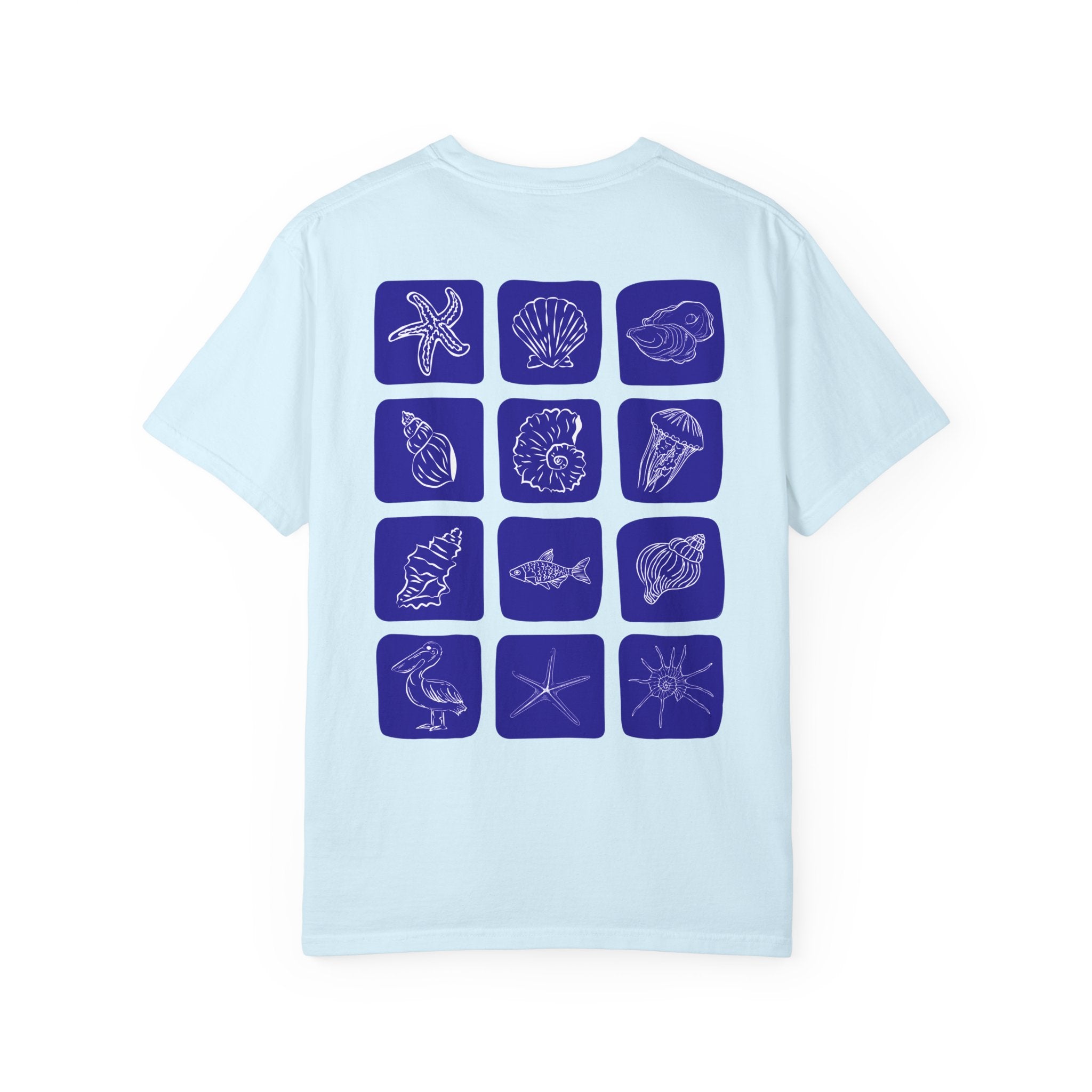 Seaside Shells T-Shirt — Blue Seashell Grid Graphic