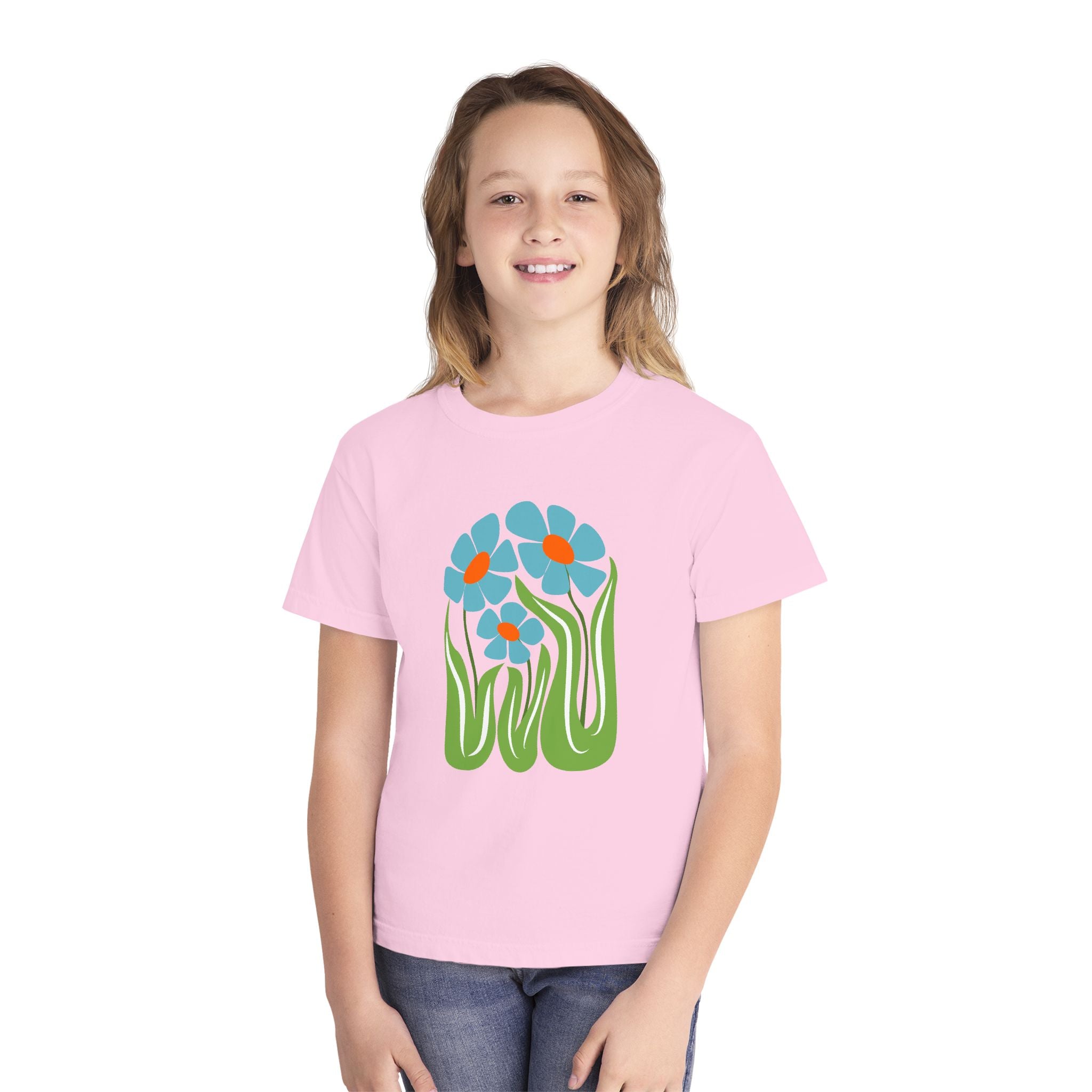 Youth Tee — Retro Floral Graphic Kids' T-Shirt, Blue & Red Flower Design