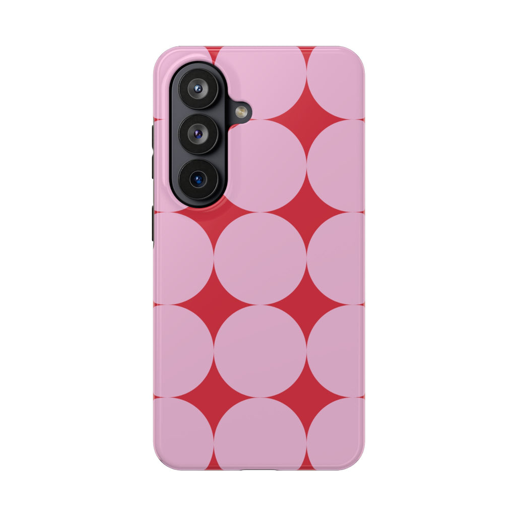 Pink Retro Geometric Tough Phone Case — Red Starburst Circles Design