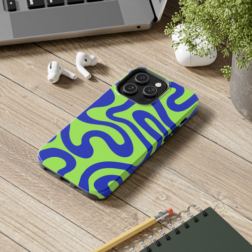 Abstract Wave Tough Phone Case — Neon Green & Blue Protective Cover