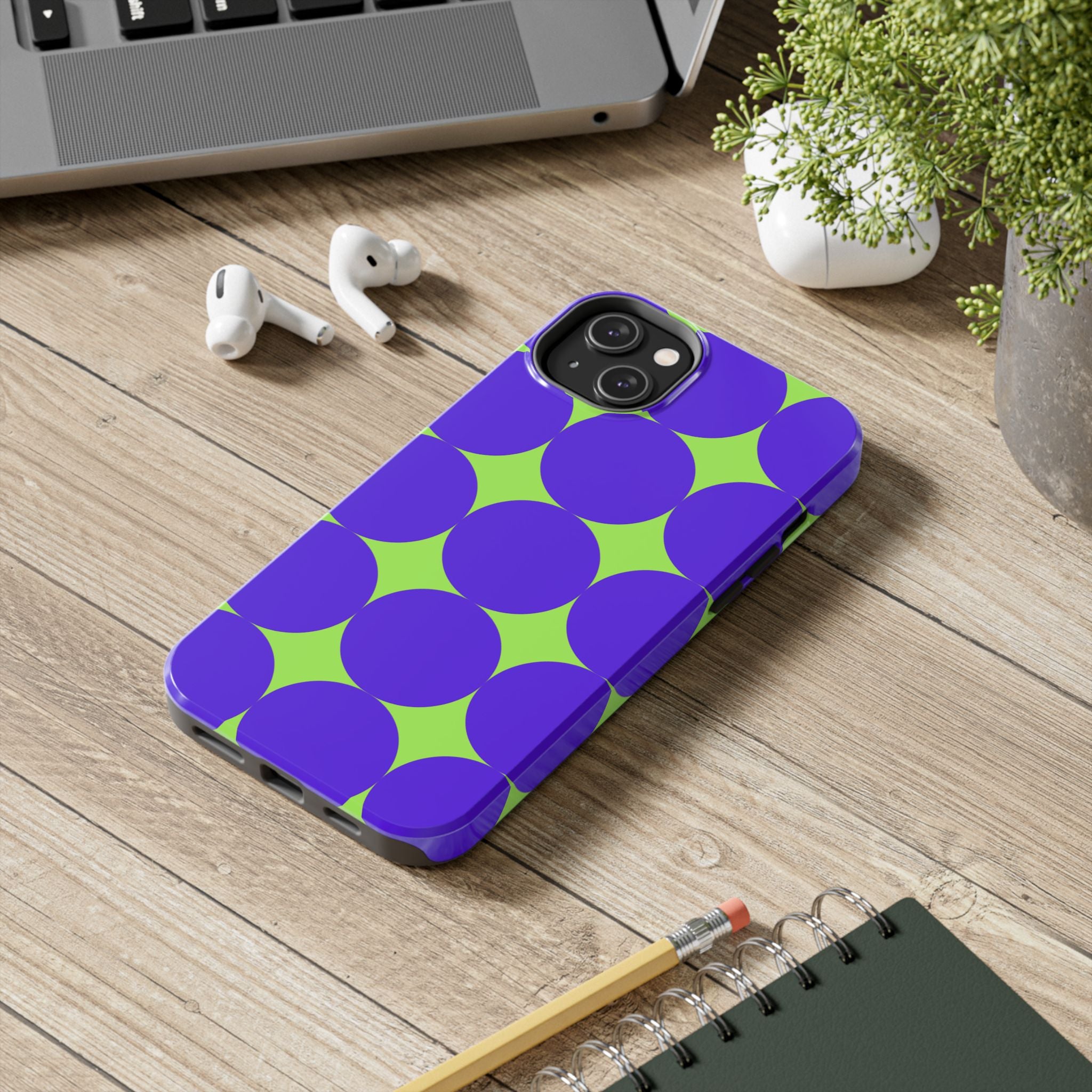Tough Phone Case — Retro Purple & Lime Geometric Dot Design