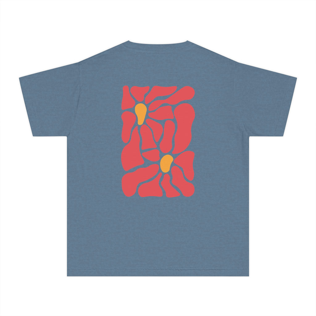 Youth Tee — Retro Floral Graphic Kids' T-Shirt, Blue & Red Flower Design