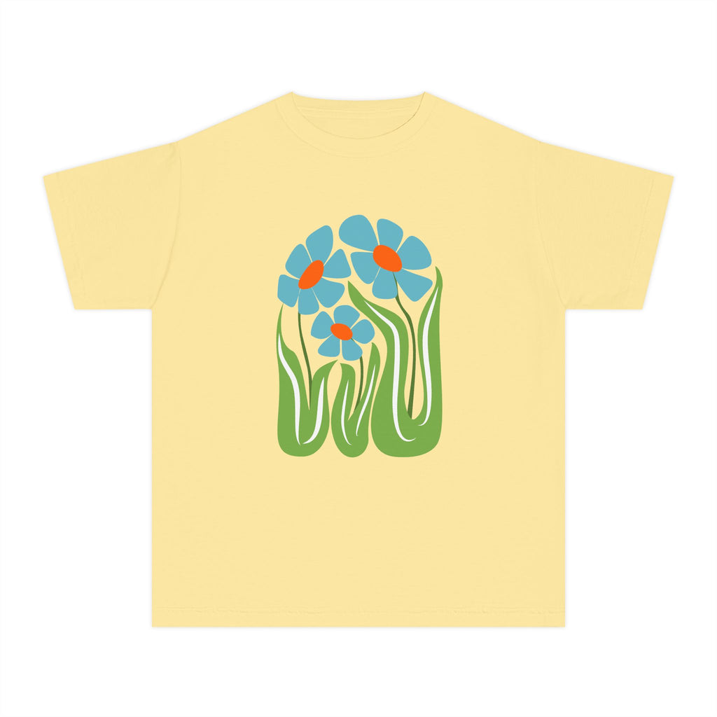 Youth Tee — Retro Floral Graphic Kids' T-Shirt, Blue & Red Flower Design