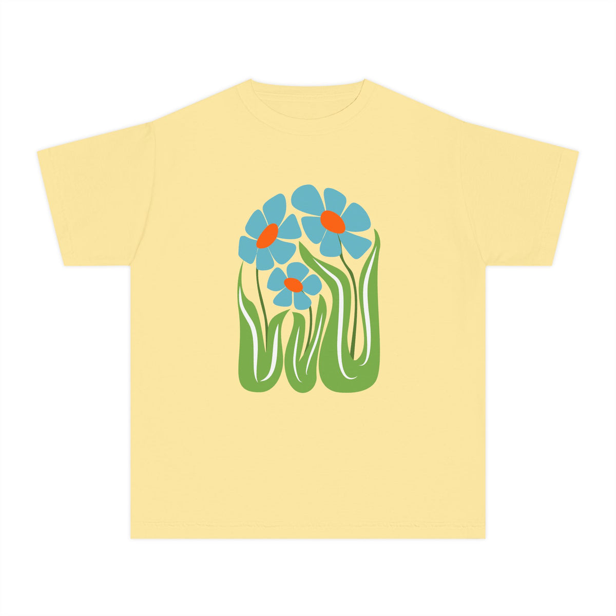 Youth Tee — Retro Floral Graphic Kids' T-Shirt, Blue & Red Flower Design